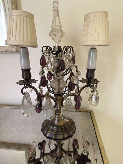 Pair of girandole lamps 17” h  crystals, brass. Very heavy!