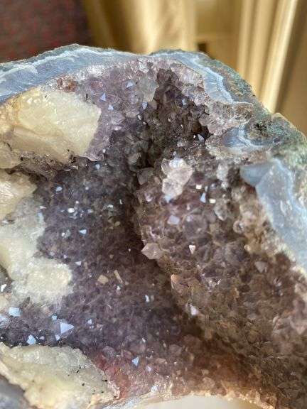 9” bronze bowl, geode with amethyst crystals 6” x 5”
