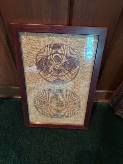 Antique African wooden sculpture, Matau fish hook on frame, 2 framed woven mats