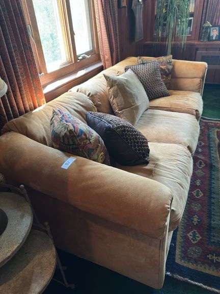 Suede roll arm 3 cushion sofa  7’ long x 34” deep x 25” tall