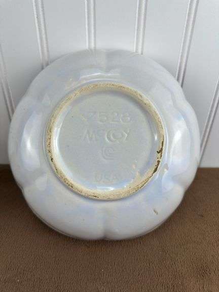Vintage McCoy Pottery Lot – Leaf Basket Vase & White/purple Scalloped Bowl