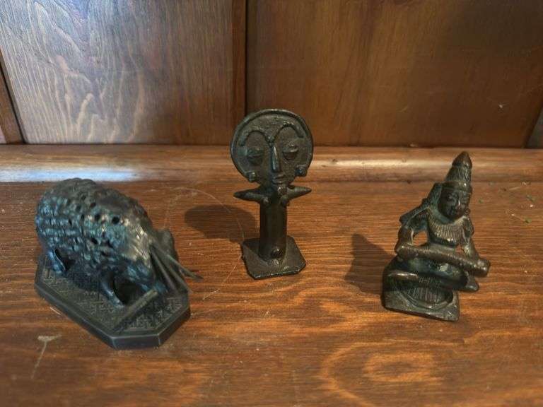 Silver Aztec Danzante figure by William Spratling Adorned with emeralds and a bone stag head, vintage alabaster owl, silver plate muskrat, 2 small Indian ritual bronze statues