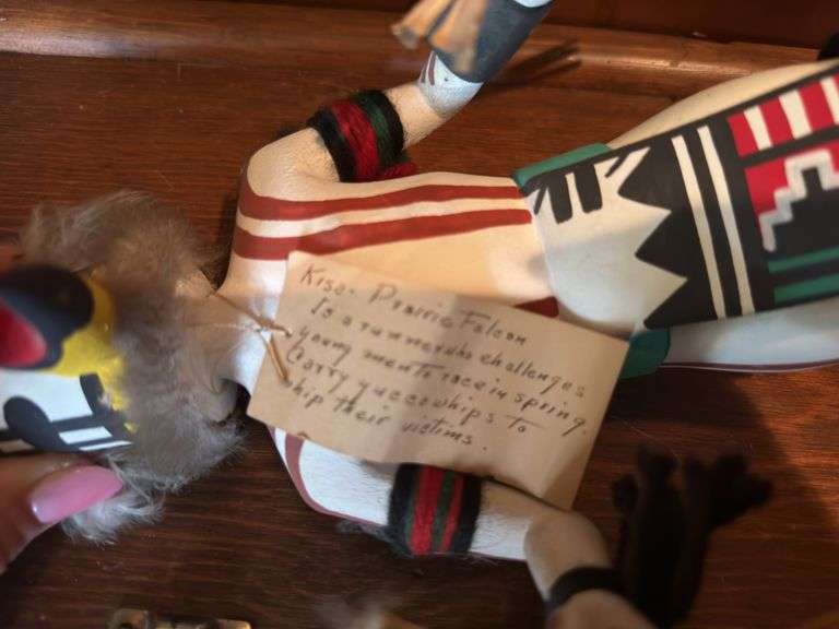 Mudhead Kachina Clown Doll 9.5” tall,  Kisa Prarrie Falcon 12” tall