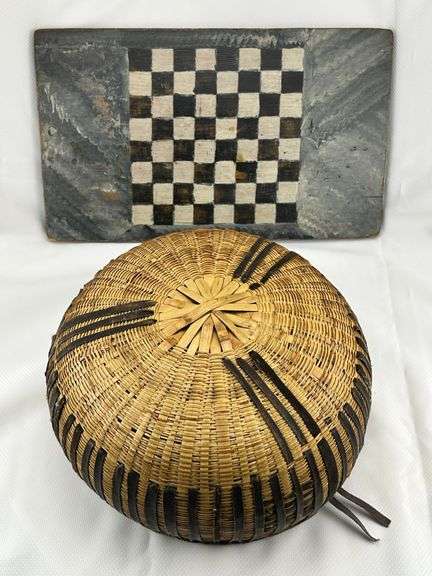 Handwoven Basket & Folk Art Checkerboard Game Board