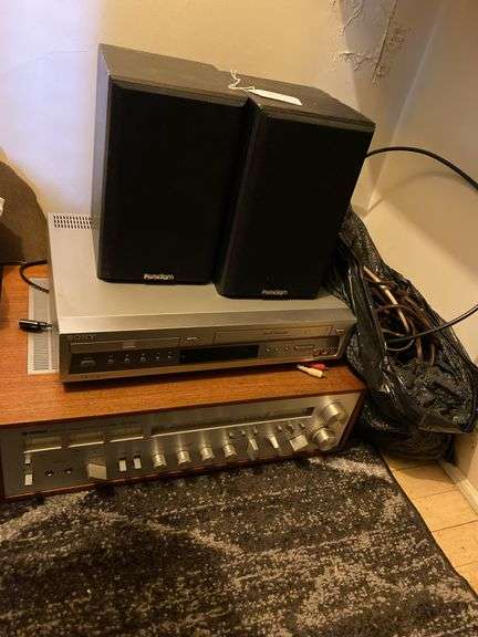 Yamaha stereo receiver, Sony stereo system, Paradigm speakers, cables image