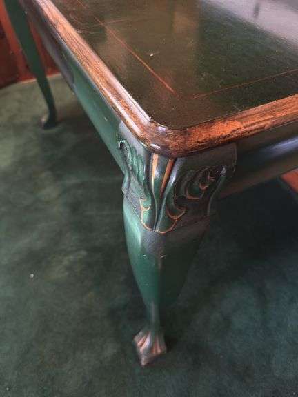 Antique Louis XIV style dark green desk with gilt painted accents, one drawer