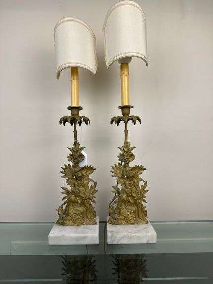 Pair of 24” Pair of Bronze and Marble Table Lamps