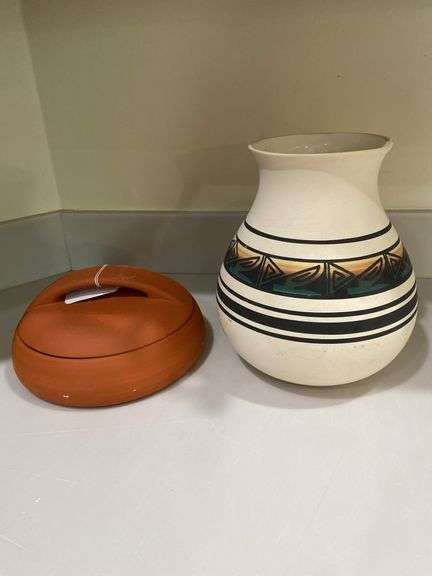 Terra cotta 8” round baker, 9.5”pottery vase signed