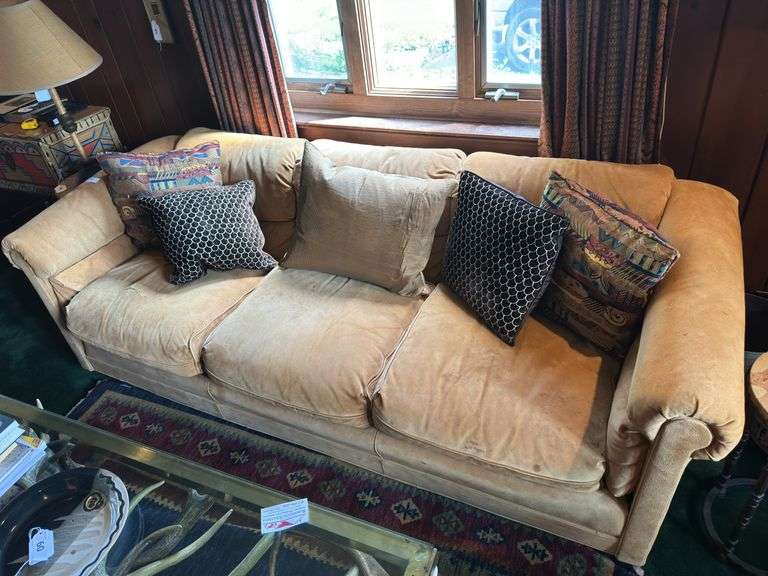 Suede roll arm 3 cushion sofa  7’ long x 34” deep x 25” tall