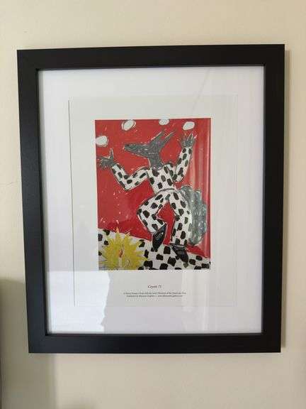3 framed & matted prints: El Jalen by John singer 17” X 21”. Abstract artwork 20” X 26”   Coyote 75 by Harry Fonseca  17” X 20”