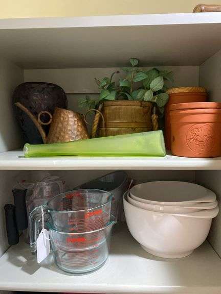 Terra cotta garlic pot and coffee canister, vases, planter, copper water can, measuring cups and mixing bowls image
