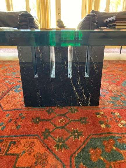 Post modern nero marquina marble base and glass top coffee table, 48" square 14" h