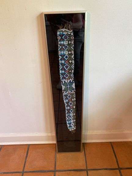 Framed beaded sash, (broken glass) 7” x 36”