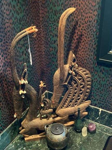 African carved animal sculptures. covered pottery jar, vase, misc