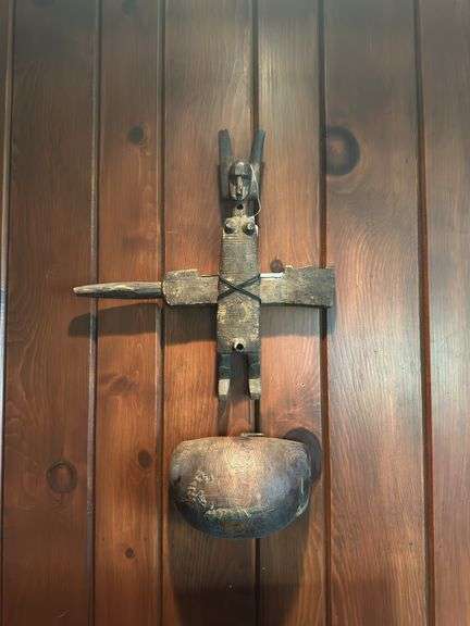Antique African wooden sculpture, Matau fish hook on frame, 2 framed woven mats image