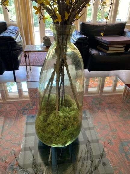 20” green bubble glass vase with faux flowers