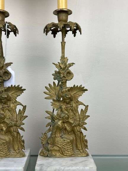 Pair of 24” Pair of Bronze and Marble Table Lamps