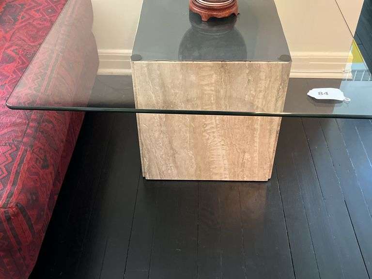 Side table, travertine base, glass top