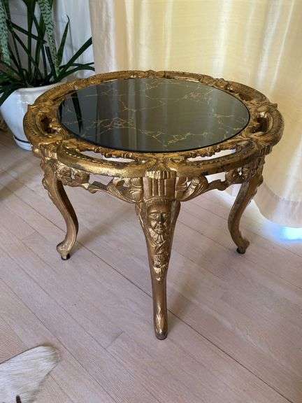 Ornate cast iron round side table with polished marble top, 21”d x 18”h