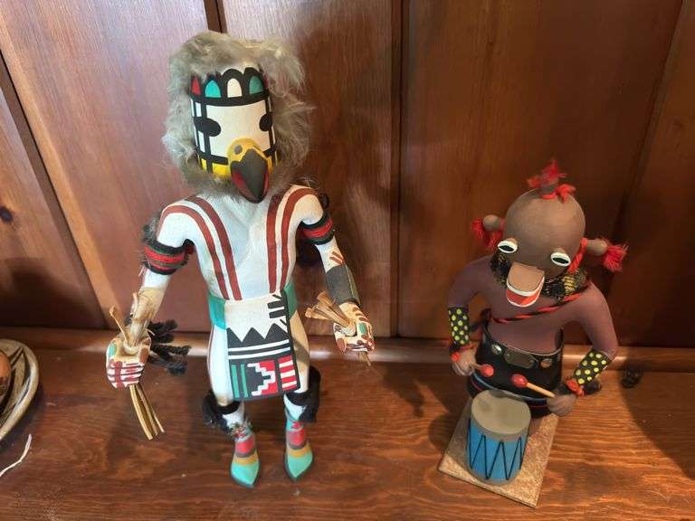 Mudhead Kachina Clown Doll 9.5” tall,  Kisa Prarrie Falcon 12” tall
