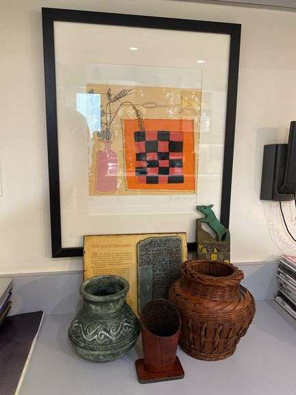 Framed signed watercolor 17” x 21.5”, vases, miscellaneous