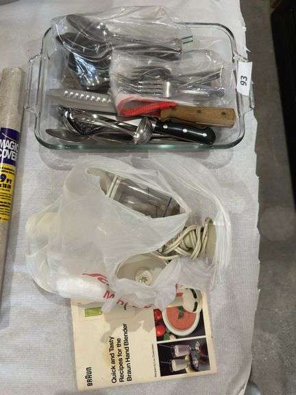 Glass baking dish, utensils, hand blender