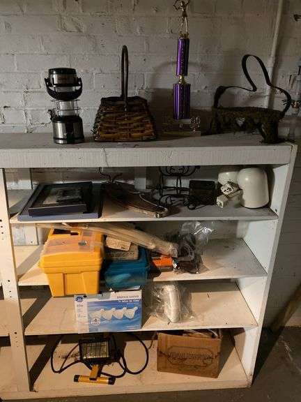 5 shelves, hardware, lights and bulbs, baskets, picture frames, miscellaneous (in basement) image
