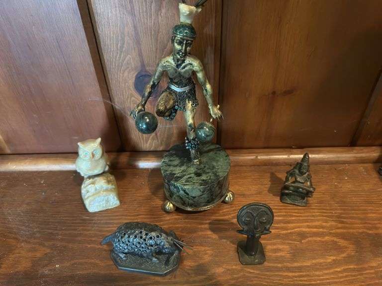 Silver Aztec Danzante figure by William Spratling Adorned with emeralds and a bone stag head, vintage alabaster owl, silver plate muskrat, 2 small Indian ritual bronze statues