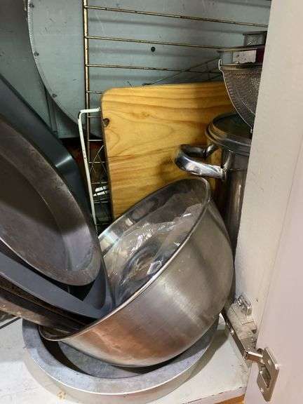 Pots, pans, stock pot, baking dishes, cooling racks and sieves