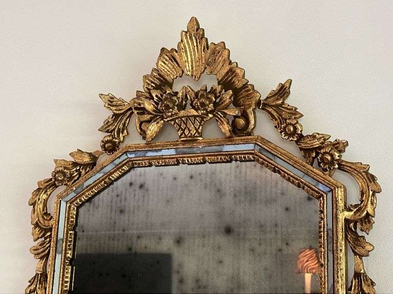 Antique Giltwood Wall Mirror with Floral Crest