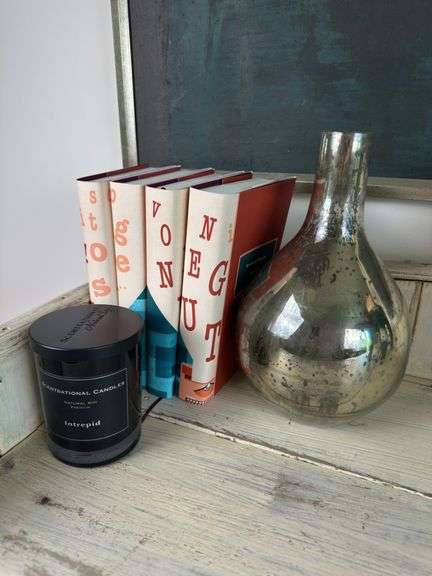 Heavy metal base 24” lamp, vase, books and candle