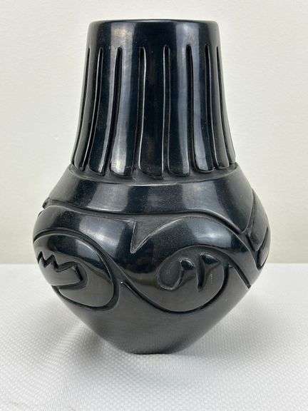 Santa Clara Carved Blackware Pottery Vase by Stella Chavarria image