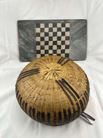 Handwoven Basket & Folk Art Checkerboard Game Board