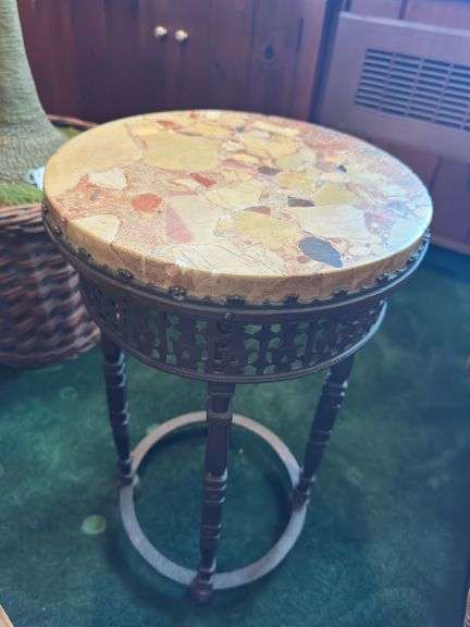 Marble top plant stand with iron base