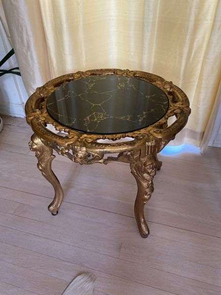 Ornate cast iron round side table with polished marble top, 21”d x 18”h image