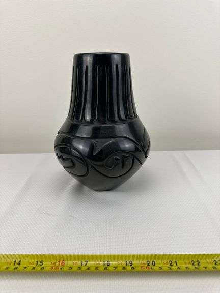Santa Clara Carved Blackware Pottery Vase by Stella Chavarria