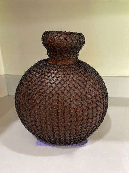 Wicker basket, wood turned canister, pottery vase with chain overlay
