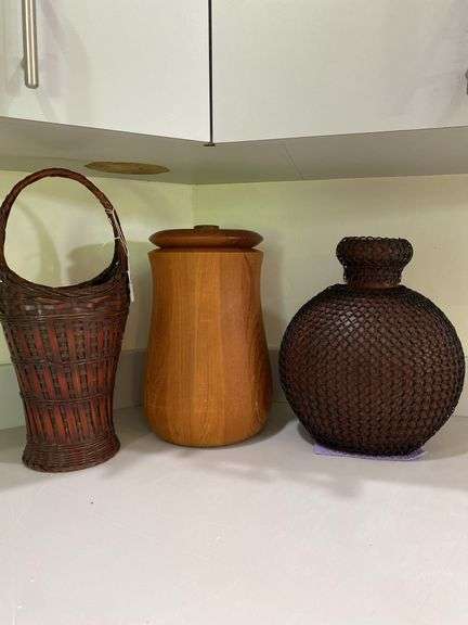 Wicker basket, wood turned canister, pottery vase with chain overlay