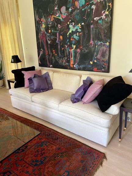 8’ off white roll arm three cushion sofa with 4 throw pillows (purple pillows not included) - nice/clean/recently reupholstered