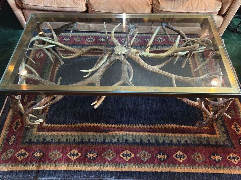 Vintage glass top antler coffee table 4’ long x 2’ wide x 19.5” tall