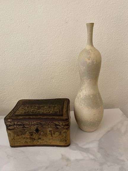12.5” stone vase signed “Sverige”, decorative wood box with gold overlay print image