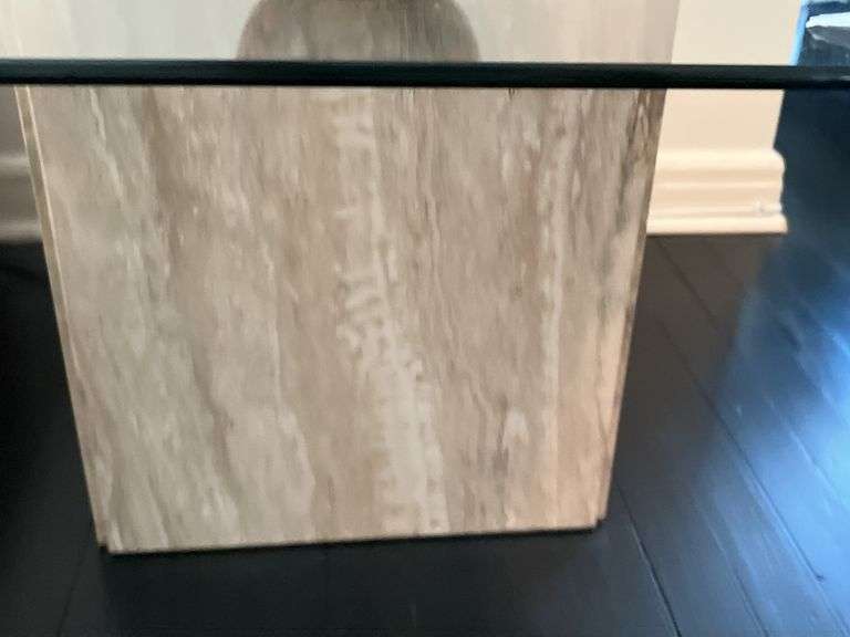 Side table, travertine base, glass top