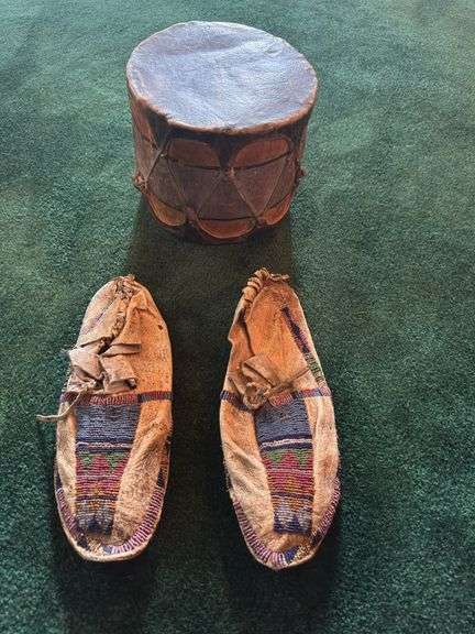 Pair of Native American moccasins, Cochiti Pueblo Vintage Painted Ceremonial Drum image