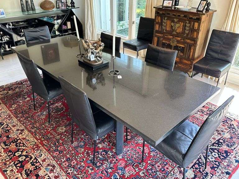 Le Corbusier LC6 Dining Table with Custom Black Granite top, 8 Montis Leather Dining Chairs