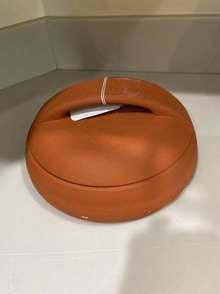 Terra cotta 8” round baker, 9.5”pottery vase signed