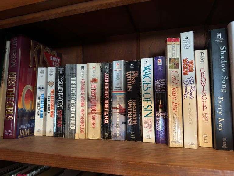 Top 2 shelves of hardback and paper back books