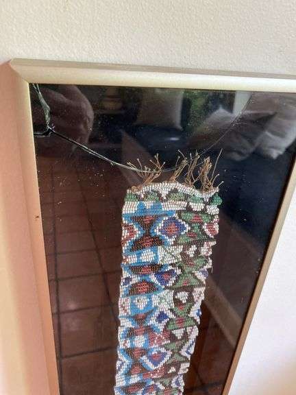 Framed beaded sash, (broken glass) 7” x 36”