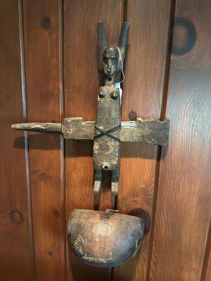 Antique African wooden sculpture, Matau fish hook on frame, 2 framed woven mats