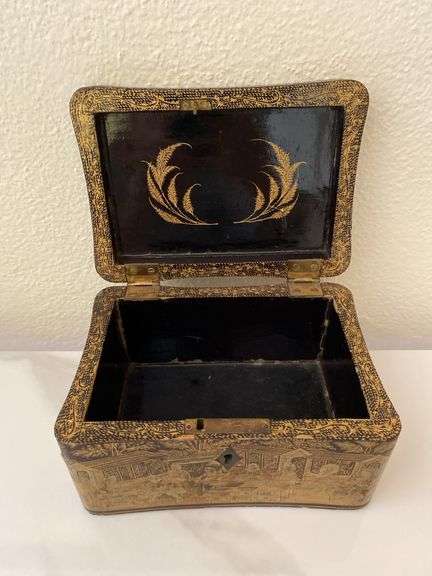 12.5” stone vase signed “Sverige”, decorative wood box with gold overlay print