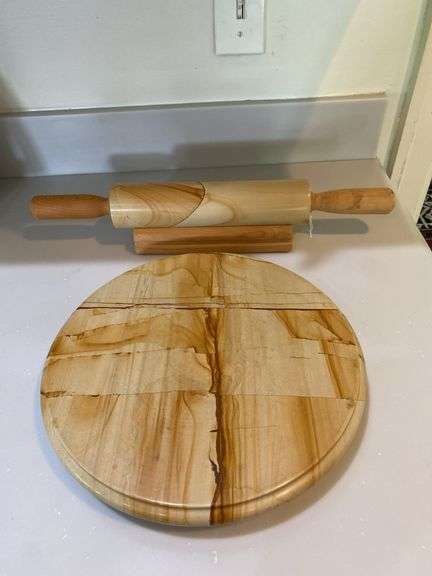 Marble rolling pin and lazy Susan, inlaid wood cutting board and tray image